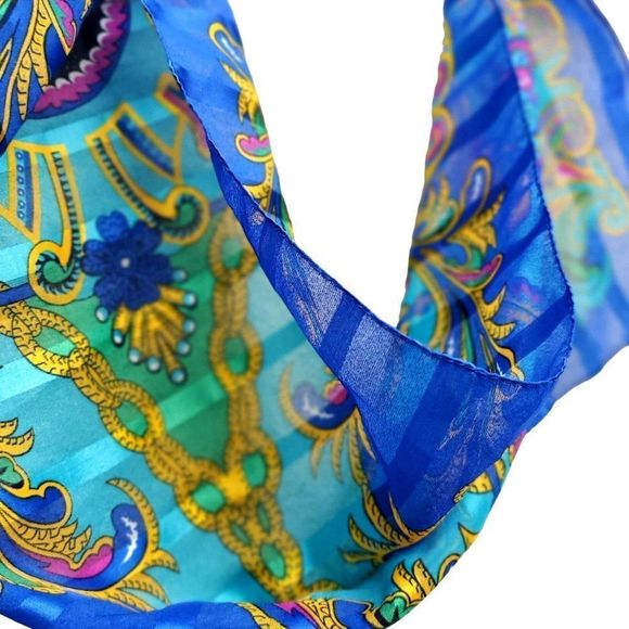 80s Colorful Berkshire Scarf Blue Polyester Rectangle Made in Italy 11 x 54 - Picture 4 of 10